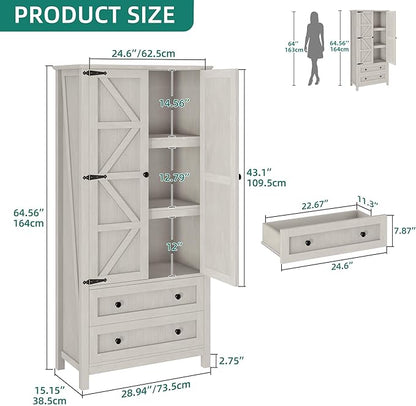 YITAHOME Farmhouse Kitchen Pantry Cabinet, 64.5" Tall Storage Cabinet with 2 Drawers & Adjustable Shelves, Ideal for Kitchen, Living Room, or Entryway, White
