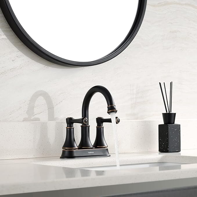 TimeArrow Oil Rubbed Bronze 2 Handle Centerset Bathroom Sink Faucet with Pop up Drain, High Arc Modern 4 Inch Bathroom Vanity Lavatory Faucet for 3 Holes with Brass 360° Swivel Spout, TAF067Y-ORB