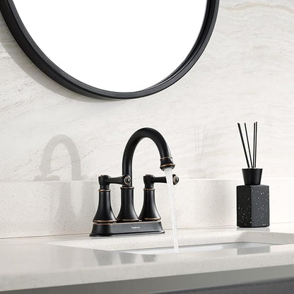 TimeArrow Oil Rubbed Bronze 2 Handle Centerset Bathroom Sink Faucet with Pop up Drain, High Arc Modern 4 Inch Bathroom Vanity Lavatory Faucet for 3 Holes with Brass 360° Swivel Spout, TAF067Y-ORB