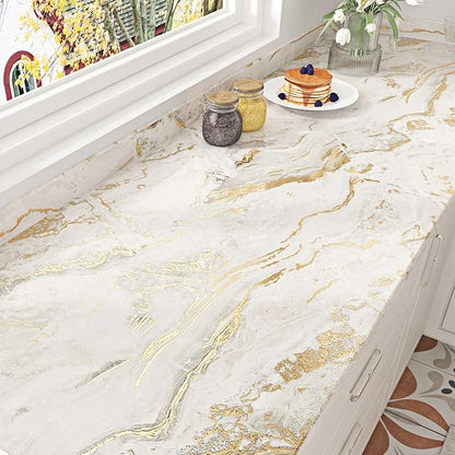 Wallercity Matte Beige/Gold Marble Contact Paper for Countertops Vinyl Waterproof Peel and Stick Wallpaper for Cabinet Backsplashes Self Adhesive Countertop Wall Paper 15.8''x78.7'' Granite Wrap Cover