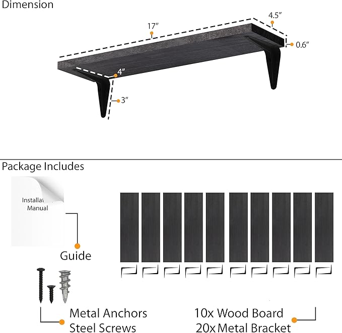 Wallniture Arras Wood Floating Shelves for Wall Storage, Small Bookshelf, Hanging Book Shelves for Living Room, Bedroom, Office, Burnt Finish, Set of 10 (Black)