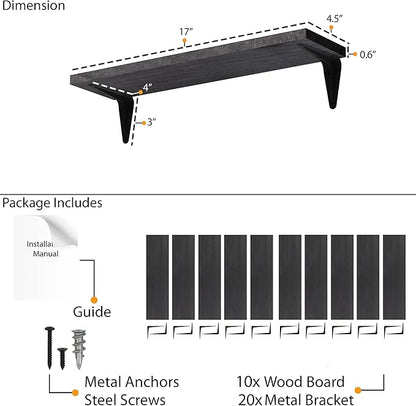 Wallniture Arras Wood Floating Shelves for Wall Storage, Small Bookshelf, Hanging Book Shelves for Living Room, Bedroom, Office, Burnt Finish, Set of 10 (Black)