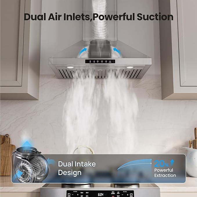 VIKIO HOME Wall Mount 36 Inch Range Hood 900 CFM, Ductless/Ducted Convertible Kitchen Hood, 3-speed Gesture Sensing & Touch Control, Stainless Steel Kitchen Vent Hood with Permanent Baffle Filters