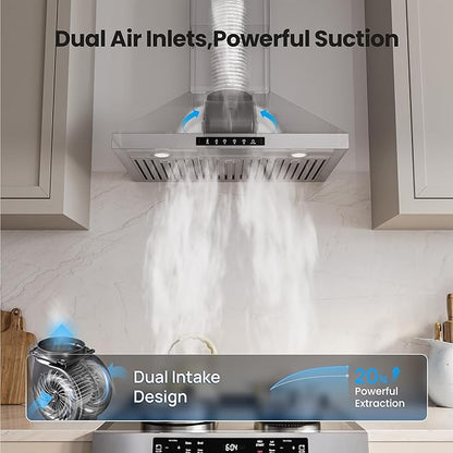 VIKIO HOME Wall Mount 36 Inch Range Hood 900 CFM, Ductless/Ducted Convertible Kitchen Hood, 3-speed Gesture Sensing & Touch Control, Stainless Steel Kitchen Vent Hood with Permanent Baffle Filters