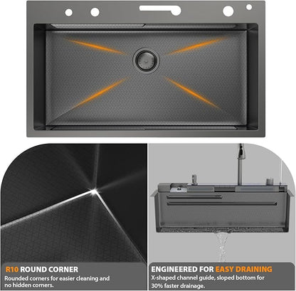 Mocoloo 33 Inch Black Honeycomb Waterfall Kitchen Sink Drop in, 33x19 Inch Stainless Steel Workstation Sink 16 Gauge Topmount Single Bowl Sink with Complete Kit