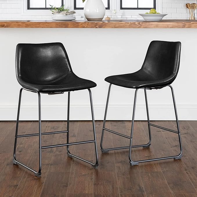 LEMBERI 26 inch Bar Stools Set of 2, Modern Counter Height Bar Stools, Faux Leather Barstool with Back and Metal Leg, Armless Bar Chairs for Kitchen Island (Black, 2pcs 26")