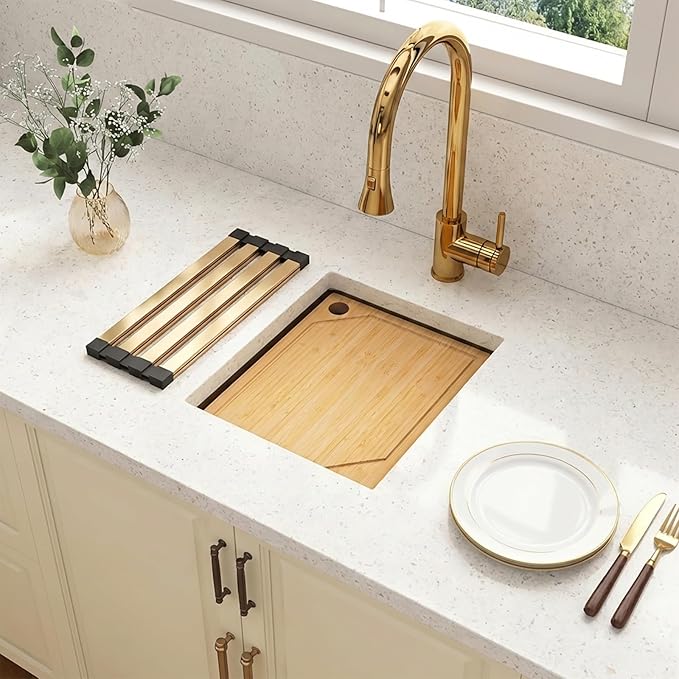 Gold Bar Sink 13 x 15 Inch, Gold Undermount Kitchen Sinks,16 Gauge SUS304 Stainless Steel All in One Workstation Sinks with Accessories,13" x 15" x 10" Small Kitchen Sink For Wet Bar and RV