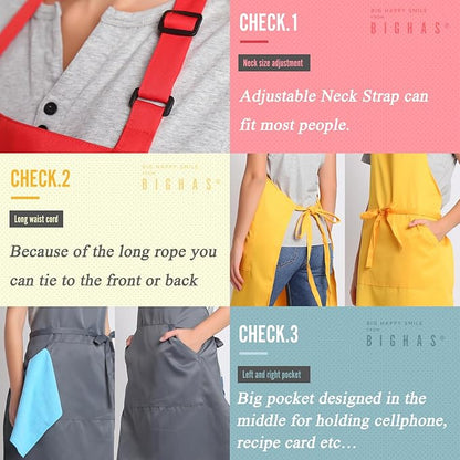 BIGHAS Adjustable Bib Apron with Long Ties for Women Men 18 Colors Chef Kitchen Cooking