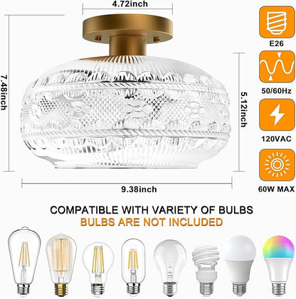 Industrial Semi Flush Mount Ceiling Light Fixture,Gold Globe Glass Hallway Lights Fixtures Ceiling,Vintage Ceiling Lights,Farmhouse Lights Fixture for Entryway Kitchen Bathroom,Bulb Not Included