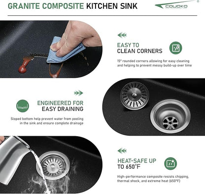 30 Inch Black Undermount Kitchen Sink Workstation - Couoko 30"x19" Speckled Black Granite Composite Kitchen Sink Quartz Classic Under Counter Single Bowl Kitchen Sinks Basin Luxury Accessories