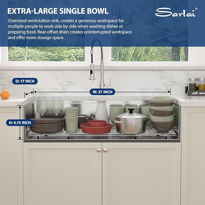 Sarlai 39 Kitchen Sink Undermount - 39 x 19 Inch Undermount Sink Ledge Workstation Deep Single Bowl 16 Gauge Stainless Steel Under Counter Kitchen Sinks Basin