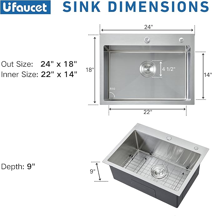 24 Inch Kitchen Sink Drop In, 24x18 Inch Topmount Stainless Steel Bar Sinks, Single Bowl RV Laundry Utility Outdoor Wet Prep Small Sink with Drain
