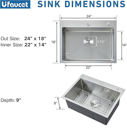 24 Inch Kitchen Sink Drop In, 24x18 Inch Topmount Stainless Steel Bar Sinks, Single Bowl RV Laundry Utility Outdoor Wet Prep Small Sink with Drain