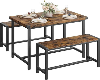 CABIHOME Dining Table Set for 4 with 2 Benches, Kitchen Table Set for 4-6 with Corner Protector, Dining Table and 2 Benches with H-Shaped Frame for Small Space, Kitchen, Apartment，Rustic Brown