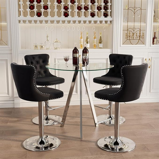 yeag 31.5'' Modern Luxury Glass Bar Table Set for 4, Round Pub Table Cocktail Table and 4 Adjustable Velvet Swivel Barstools Island Chairs for Bistro (Silver Metal Legs, Clear Top + Black Chair)