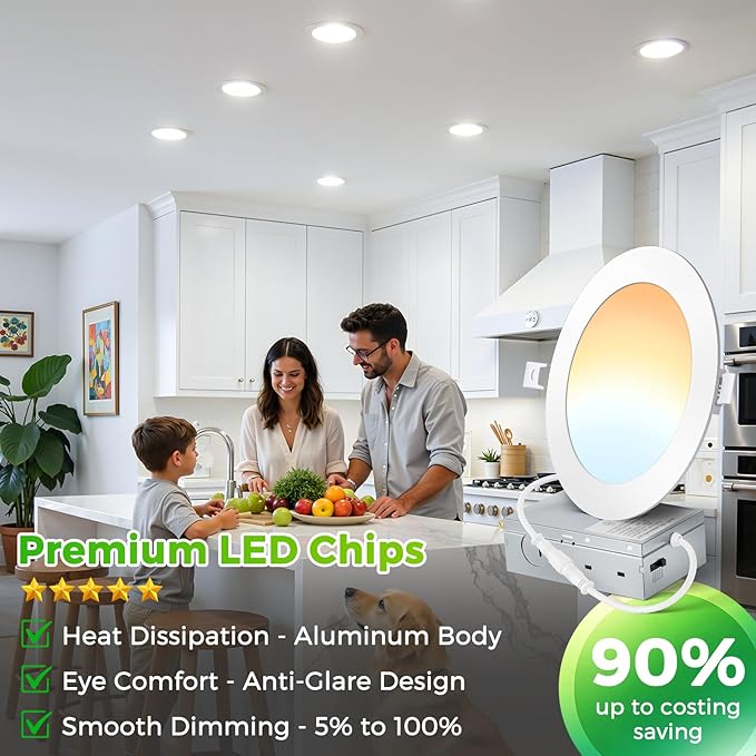 MAXvolador 12 Pack 6 Inch LED Recessed Ceiling Light with Junction Box 1200LM High Brightness, 2700K-6000K 5CCT Dimmable, 12W Ultra-Thin Canless Wafer Downlight