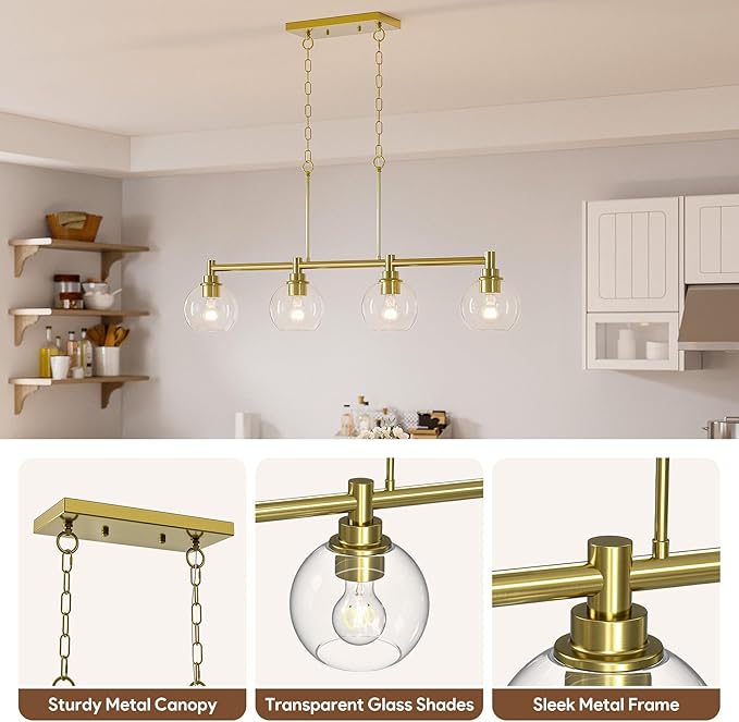 VONLUCE Dining Room Light Fixture Over Table, 4-Light Kitchen Island Lighting with Round Glass Shades & Adjustable Hanging Heights, Linear Chandlier for Dining Room Kitchen, Gold, ETL Certificated