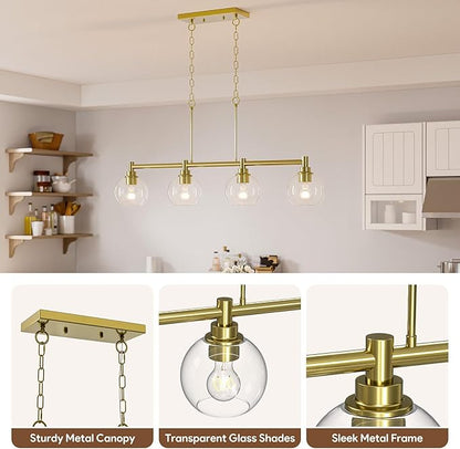VONLUCE Dining Room Light Fixture Over Table, 4-Light Kitchen Island Lighting with Round Glass Shades & Adjustable Hanging Heights, Linear Chandlier for Dining Room Kitchen, Gold, ETL Certificated