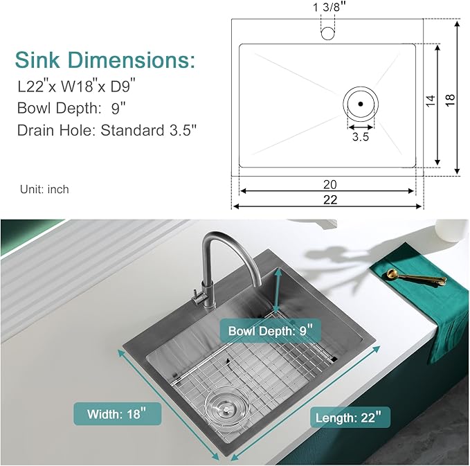 22 inch Drop-in Kitchen Sink Single Bowl, Small Topmount Kitchen Sink with Protective Bottom Grid, Overmount 304 Stainless Steel Kitchen Bar Sink Handmade with Basket Strainer, 22×18×9 inch