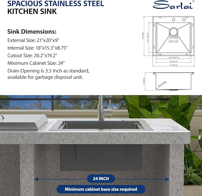 Sarlai Outdoor Sink - 21 x 20 Inch Drop In Workstation Kitchen Sink with Dust Lid and Faucet 16 Gauge Stainless Steel Single Bowl Bar Basin with Cutting Board BBQ Basin Outside