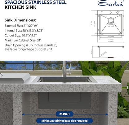 Sarlai Outdoor Sink - 21 x 20 Inch Drop In Workstation Kitchen Sink with Dust Lid and Faucet 16 Gauge Stainless Steel Single Bowl Bar Basin with Cutting Board BBQ Basin Outside