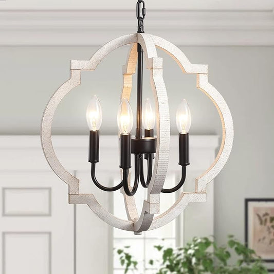 ALISADABOY Farmhouse Orb Wood Chandelier 4 Light Dining Room Light Fixture Rustic Hanging Lighting Pendant Chandelier for Living Room Bedroom Hallway Foyer Entryway