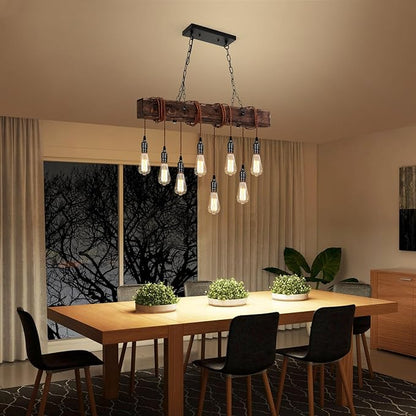 SEEBLEN 8-Lights Farmhouse Kitchen Island Pendant Light, Rustic Wood Chandeliers for Dining Room,Height Adjustable Island Light,Dining Room Bar Restaurant Cafe Pool Table.