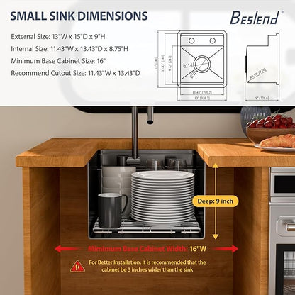13 Inch Outdoor Undermount Bar Sink With Faucet and Cover - Beslend 13x15x9 Undermount Kitchen Sink Workstation 16 Gauge Stainless Steel Single Bowl Sinks Under Counter Indoor Outdoor Black