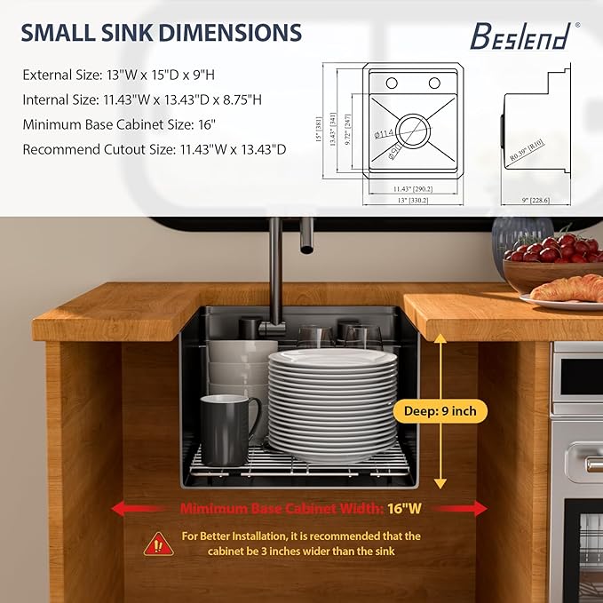 Undermount Kitchen Sink Single Bowl Sink 13x15x9 Inch