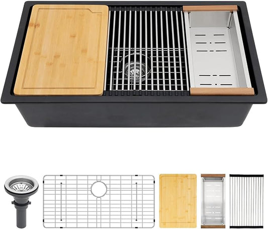 Black Granite Composite Undermount Kitchen Sink Workstation - Couoko 30 Inch Matte Black Quartz Undermount Single Bowl Kitchen Sinks Large Deep Undermount Sinks with Luxury Accessories, 30"x19"x10"