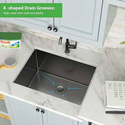 Undermount Laundry Sink - Couoko 24"x18"x12"Black Stainless Steel Laundry Sink NANO PVD Gunmetal Black 16 Gauge Single Bowl Deep Utility Laundry Room Kitchen Sinks