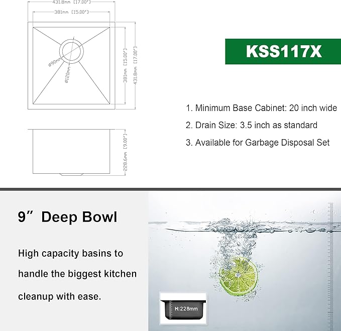 Kichae Undermount Bar Sink 17x17 inch Undermount Sink Stainless Steel Small Bar Prep 16 Gauge Deep Single Bowl RV