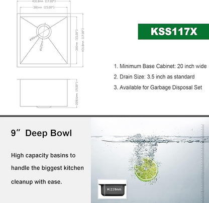 Kichae Undermount Bar Sink 17x17 inch Undermount Sink Stainless Steel Small Bar Prep 16 Gauge Deep Single Bowl RV