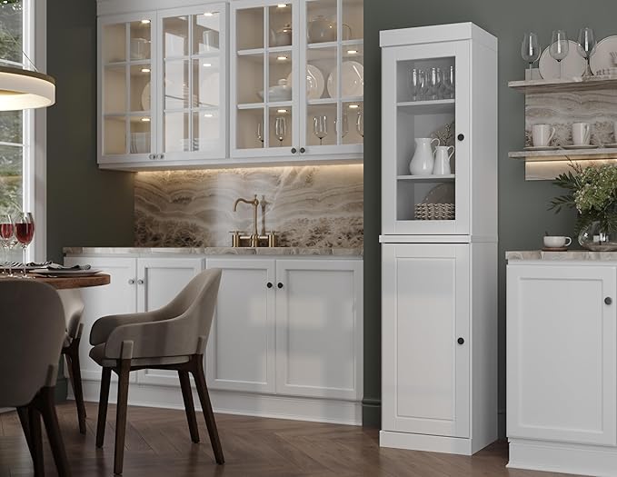 Palace Imports Solid Wood Kitchen Pantry - Narrow Storage Cabinet - 16.5" Wide x 71.5" Tall - 1 Raised Panel & 1 Glass Door, White, Adjustable Shelves, 100% Eco-Friendly Wood, Modular Cabinets
