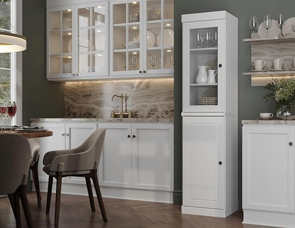 Palace Imports Solid Wood Kitchen Pantry - Narrow Storage Cabinet - 16.5" Wide x 71.5" Tall - 1 Raised Panel & 1 Glass Door, White, Adjustable Shelves, 100% Eco-Friendly Wood, Modular Cabinets