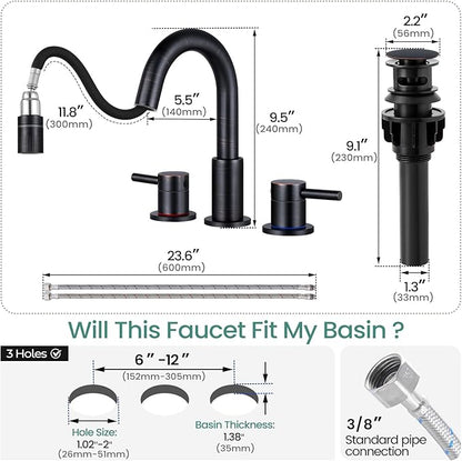Oil Rubbed Bronze Bathroom Faucet 3 Hole with Pull Out Sprayer, Bathroom Sink Faucet with Pop Up Drain, 8 inch Widespread Faucet with 360° Swivel Spout, 2 Handle Vanity Faucet