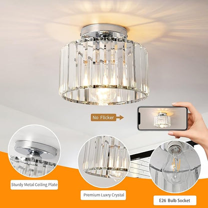 9 Inch Chrome Crystal Ceiling Light Fixture - Modern Semi-Flush Mount Chandelier with Premium Crystals for Entryway, Dining Room, Bedroom, Kitchen