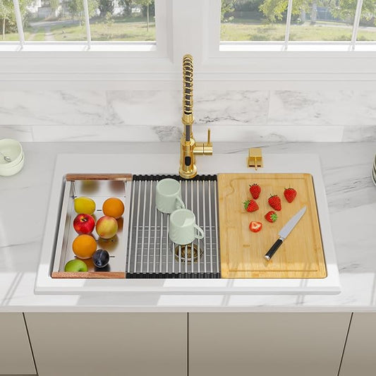 33x22 Inch White Composite Drop In Kitchen Sink Granite Composite Kitchen Sink Workstation Topmount Luxury Above Counter Single Bowl Sink Basin