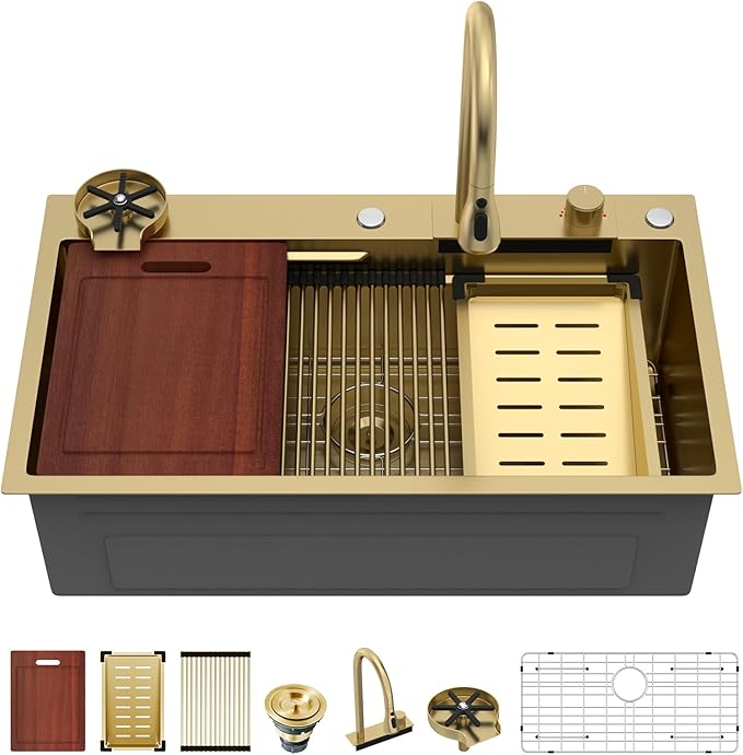 Sarlai 33 Inch Waterfall Kitchen Sink - 33x19 Gold Waterfall Drop In Sink Workstation Stainless Steel 16 Gauge Sink Multifunction Single Bowl Smart Top Mount Kitchen Sinks with Faucet Combo