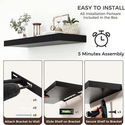 Venusmiles Floating Shelves for Wall, 40" W x 12" D x 2" H, 1 Pack of Long Wall Mounted Engineered Wood Shelves with Invisible Brackets for Living Room, Bedroom, Bathroom, Kitchen Decor, Black