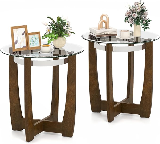 Giantex Round Glass End Table Set of 2, 24’’ Side Table with Tempered Glass Top, Nightstands with Cross & Solid Rubber Wood Base, Compact Bedside Night Stand for Bedroom Office Living Room (2, Walnut)