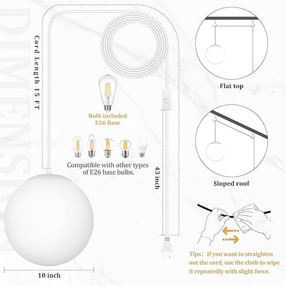 KoKo&Yukina 10" Globe Pendant Light White Plug in Pendant Light Adjustable Hanging Lights with Plug in Cord Matte White Finished with Milk Glass Lampshade for Bedroom Kitchen Island (Bulb Included)