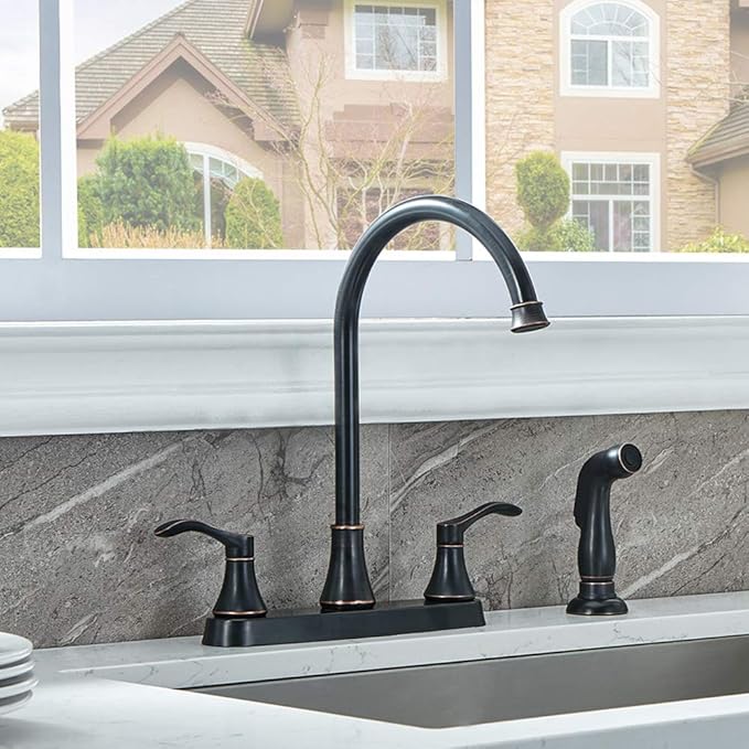 3 Hole or 4 Hole 2 Handle Kitchen Faucet with Side Sprayer, Commercial Lead-Free Oil Rubbed Bronze Kitchen Sink Faucets for Rv Sinks with High-Arc Spout & Side Sprayer, VADR0004H