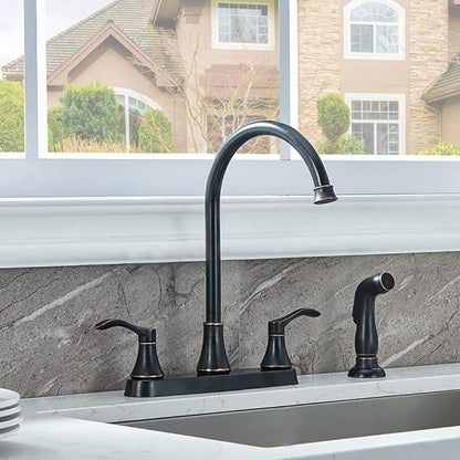 3 Hole or 4 Hole 2 Handle Kitchen Faucet with Side Sprayer, Commercial Lead-Free Oil Rubbed Bronze Kitchen Sink Faucets for Rv Sinks with High-Arc Spout & Side Sprayer, VADR0004H
