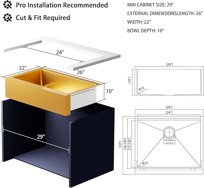 26-Inch Farmhouse Kitchen Sink, 16 Gauge Stainless Steel Farm Sink, Undermount Single Bowl, Brushed Finish, Deep Basin, Workstation Design with Accessories(Gold, 26" x 22" x 10")