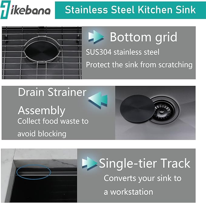 IKEBANA 33 x 22 Inch Black Farmhouse Kitchen Sink, 16 Gauge Stainless Steel Apron Front Workstation Undermount Single Bowl Sink with Accessories