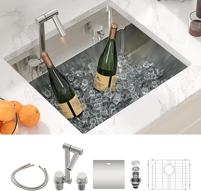 Sarlai Outdoor Sink, 21x19 Inch Undermount Kitchen Sink Workstation with Foldable Faucet Bar Prep Single Bowl 16 Gauge Stainless Steel Sinks with Cover,BBQ Sinks Outside with Cover
