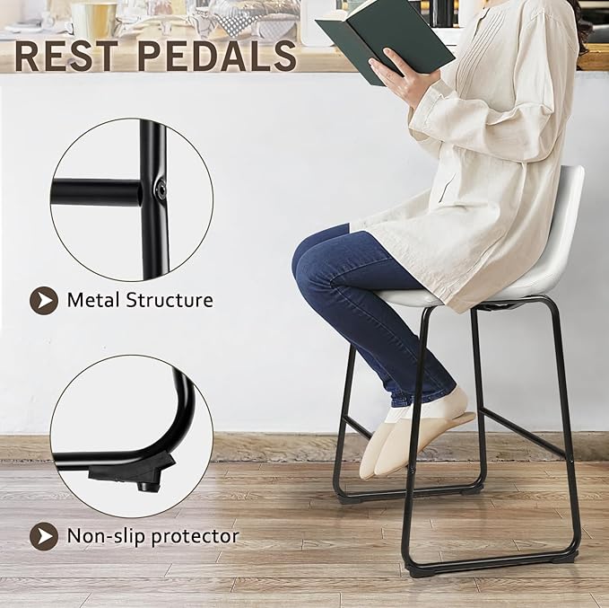 LEMBERI 26 inch Bar Stools Set of 2, Modern Counter Height Bar Stools, Faux Leather Barstool with Back and Metal Leg, Armless Bar Chairs for Kitchen Island (White, 2pcs 26")