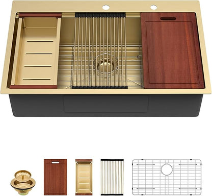 Sarlai 36 Gold Drop In Sink - 36x22 Inch Drop In Kitchen Sink Gold Ledge Workstation Sinks 16 Gauge Stainless Steel Single Bowl Topmount Sinks Basin