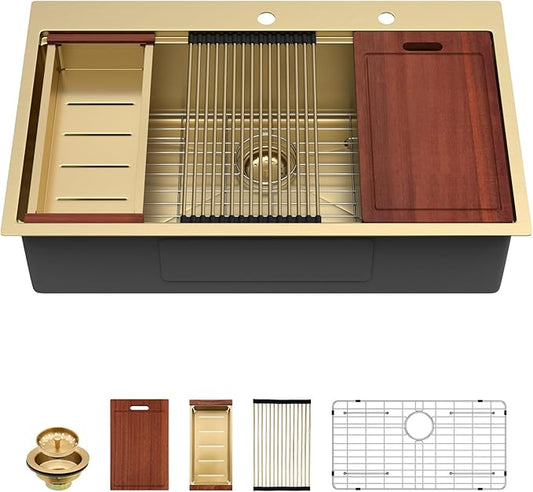 Sarlai 36 Gold Drop In Sink - 36x22 Inch Drop In Kitchen Sink Gold Ledge Workstation Sinks 16 Gauge Stainless Steel Single Bowl Topmount Sinks Basin